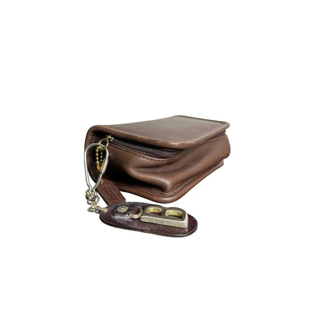Coach Cosmetic Case OS Brown Leather Vintage Makeup Pouch Mirror Letter B Charm